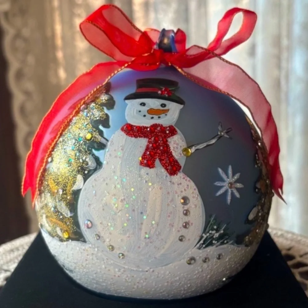 Hand Painted Glass Ornament Vintage Christmas Snowman Large Jumbo Tree Decor
